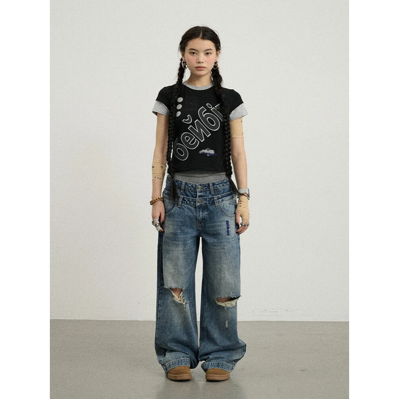 Achihara【平安夜假两件短袖】短款正肩2025新款夏季夏款T恤女