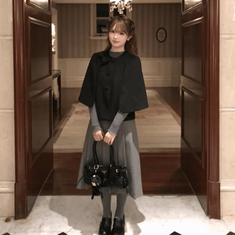 2025早秋韩系百搭小众蝴蝶结外套内搭长袖上衣高腰宽松垂感半身裙