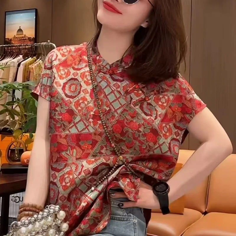 2025新中式立领盘扣飞袖斜襟宽松上衣9307新中式短袖女上衣