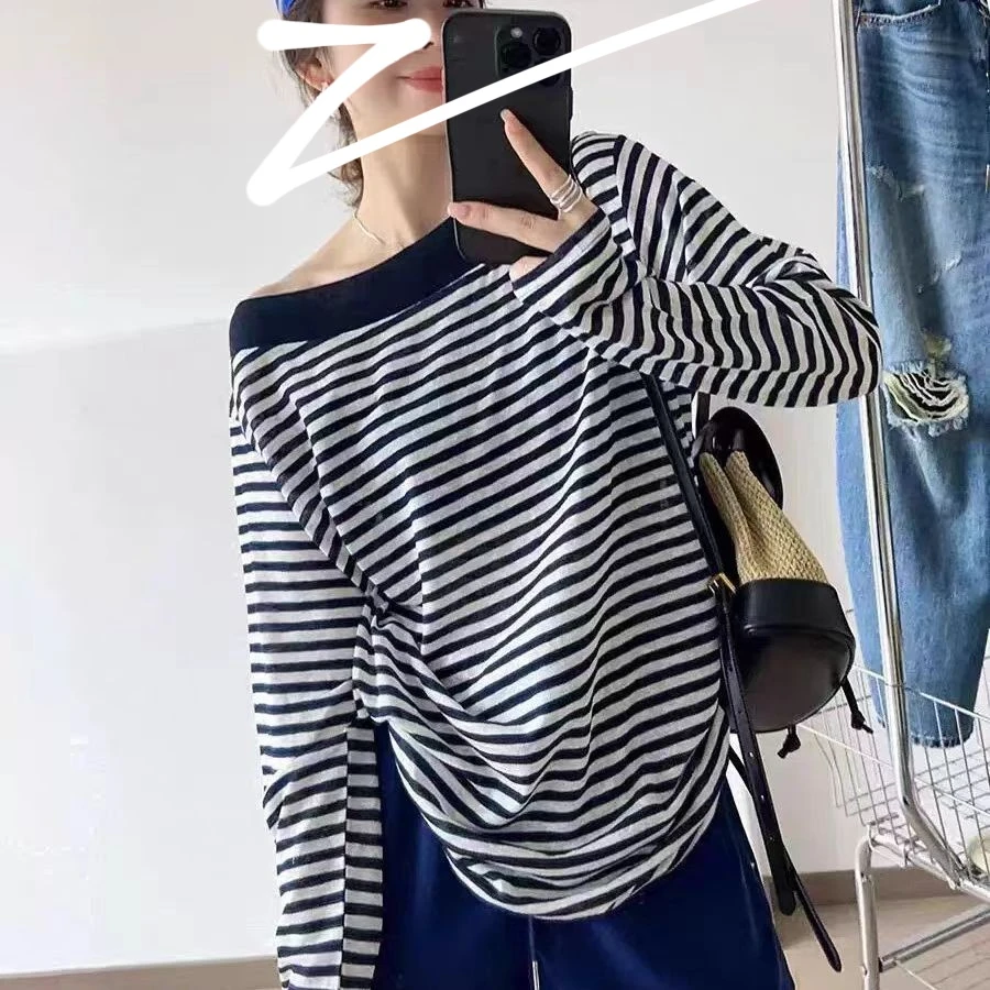 (柚子同款)GL新款时尚百搭ins韩版休闲条纹一字领露肩长袖T恤
