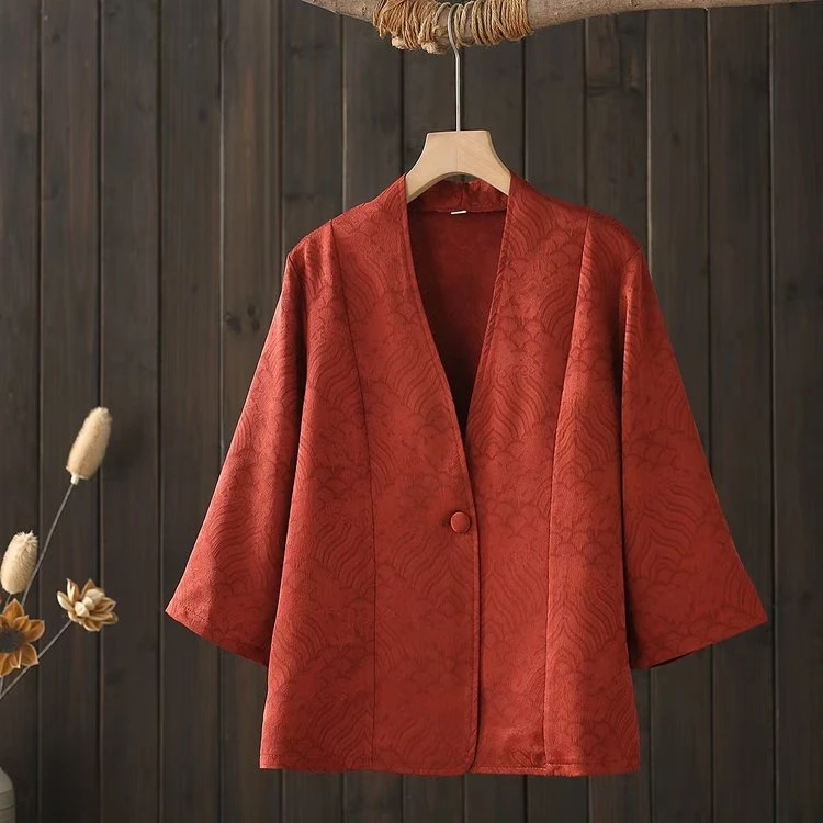 春夏新中式上衣中袖小西装复古中国风提花修身型气质百搭薄款外披