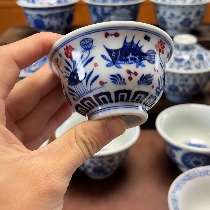 @***行釉里红鱼藻小压手杯