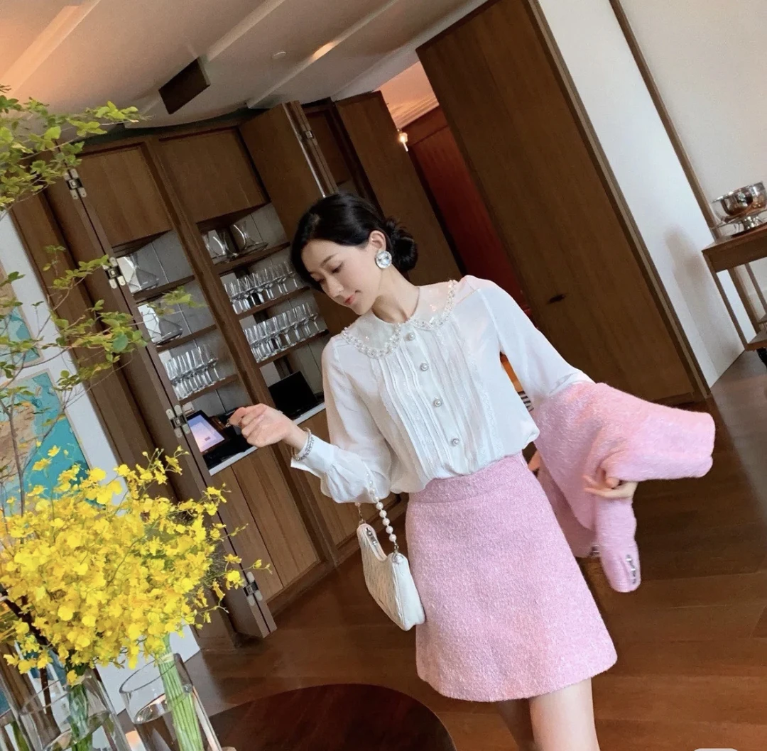 99新 MIU MIU/缪缪 bb1134绵羊毛 粉色编织短裙 36码