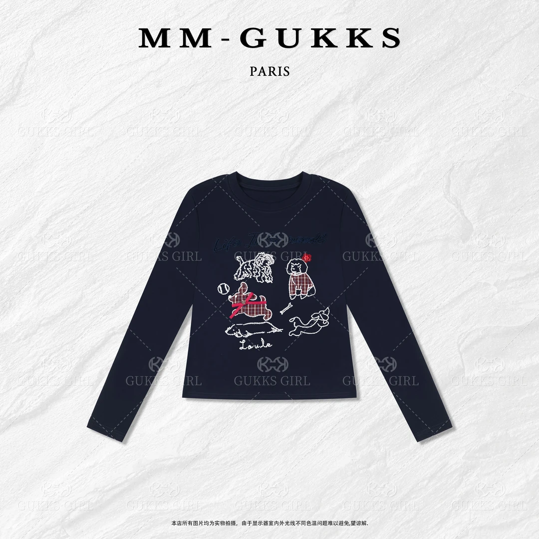 明明GUKKS『悠悠日记』秋季常规甜酷街头可爱小狗刺绣显瘦百搭T恤