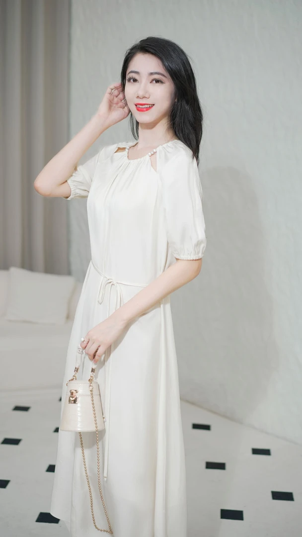 迪图夏季新款醋酸显瘦风琴褶系带优雅高贵气质女士长裙