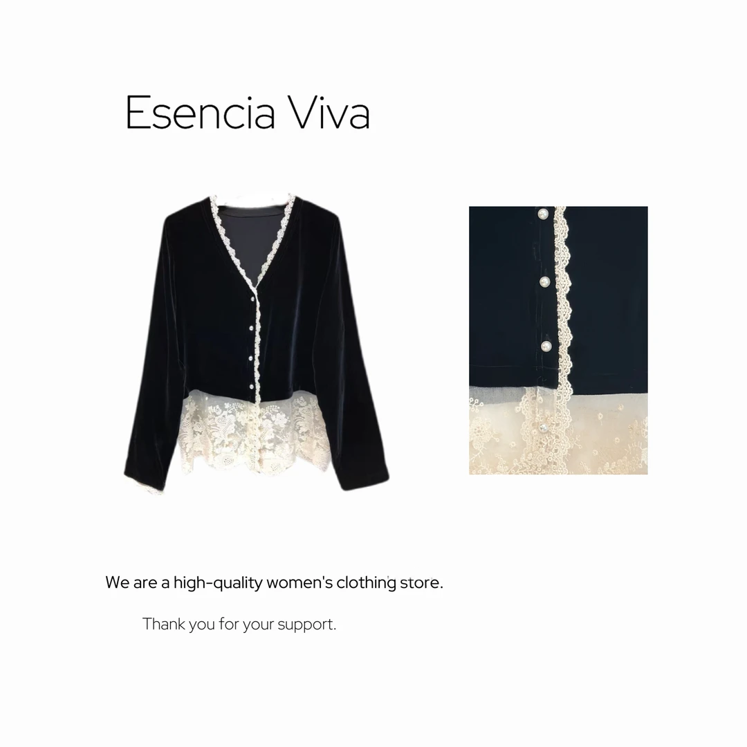 EV.【原创设计】设计感重工刺绣蕾丝V领长袖上衣【田园时光】EVZZ0110