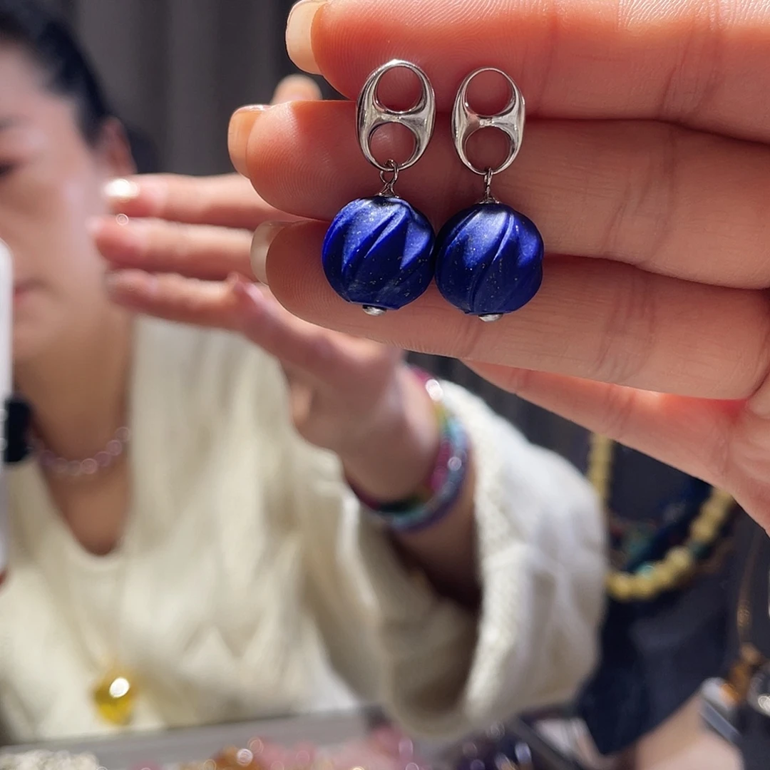 青金石银S925镶嵌耳饰大气款