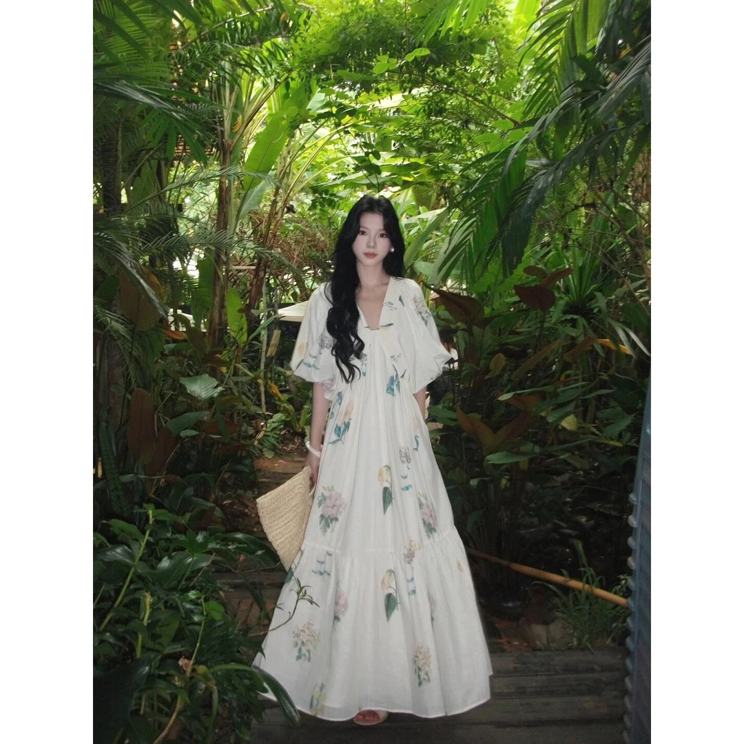 【茶歇印花】法式温柔碎花连衣裙女夏季度假风气质长裙子.D0535