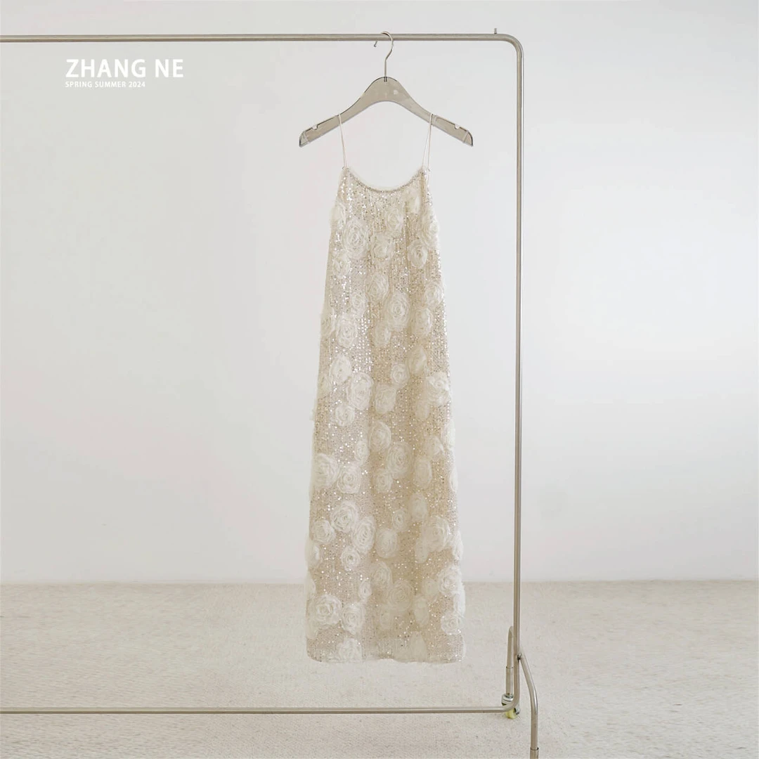 【ZHANG NE】春夏季气质设计师珠片立体盘带绣连衣裙-25052012070