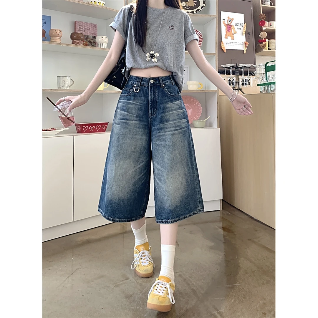 大码直筒阔腿七分牛仔裤女2025夏季新款宽松设计做旧休闲百搭裤子
