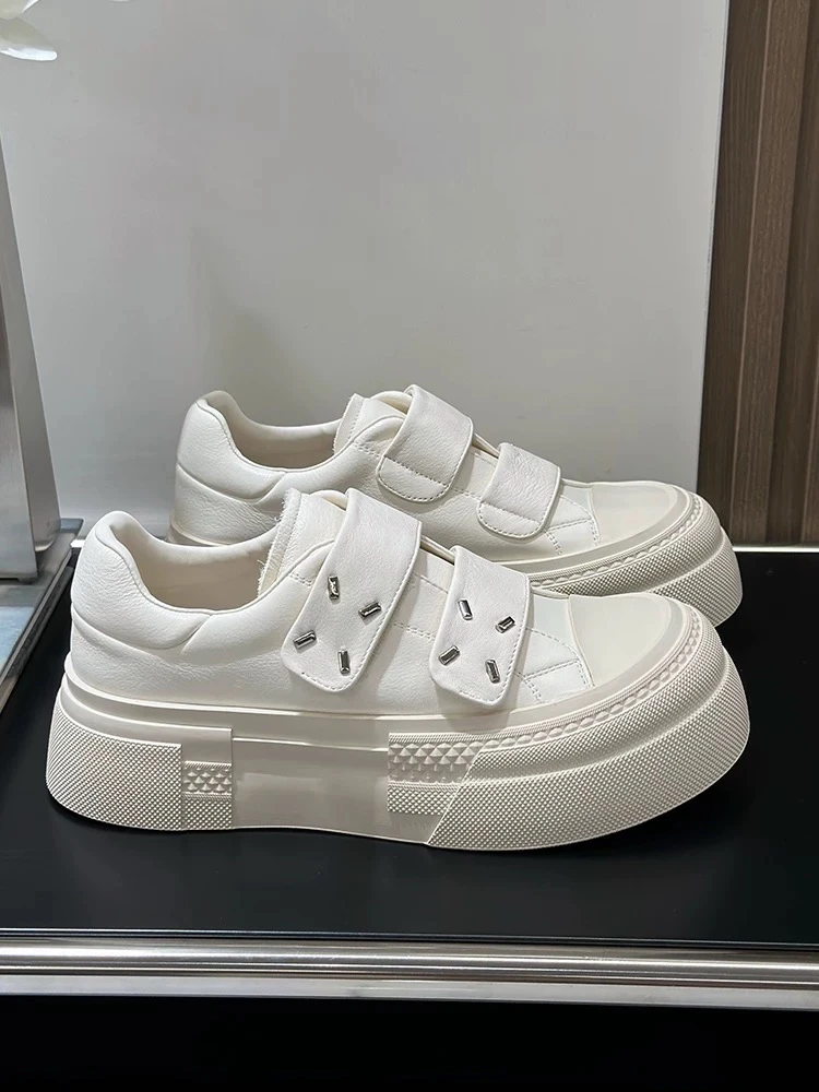 头层牛皮韩版厚底小白鞋女25春夏新款魔术贴平底百搭女鞋休闲板鞋