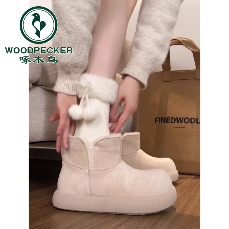 啄木鸟白色厚底雪地靴女2025冬季新款加绒保暖毛毛棉鞋加厚短筒靴