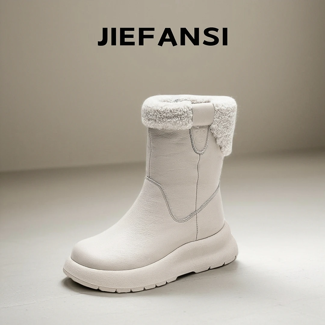 白色时尚冬季新款中筒雪地靴加绒保暖纯色厚底女短靴简约休闲女鞋