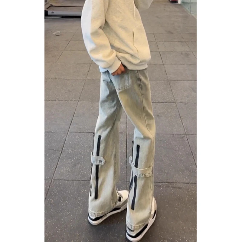 水洗黄泥色双拉链牛仔裤男款春秋美式高街vibe裤子小众微喇弯刀裤