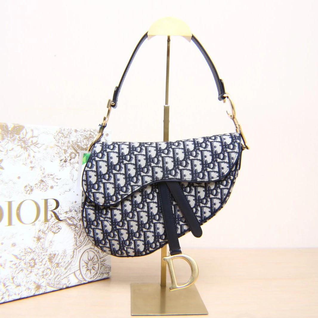 99新 DIOR/迪奥 JF【小花念念】马鞍 中号 墨蓝色 帆布 2018