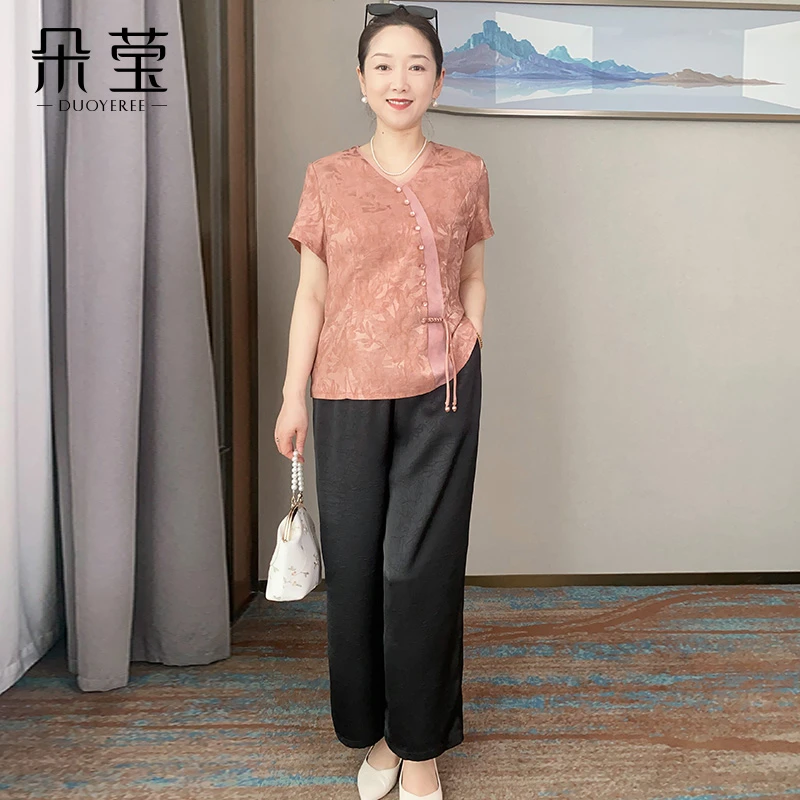 朵莹妈妈装中国风气质小衫套装新款中年女宽松上衣夏季裤子两件套