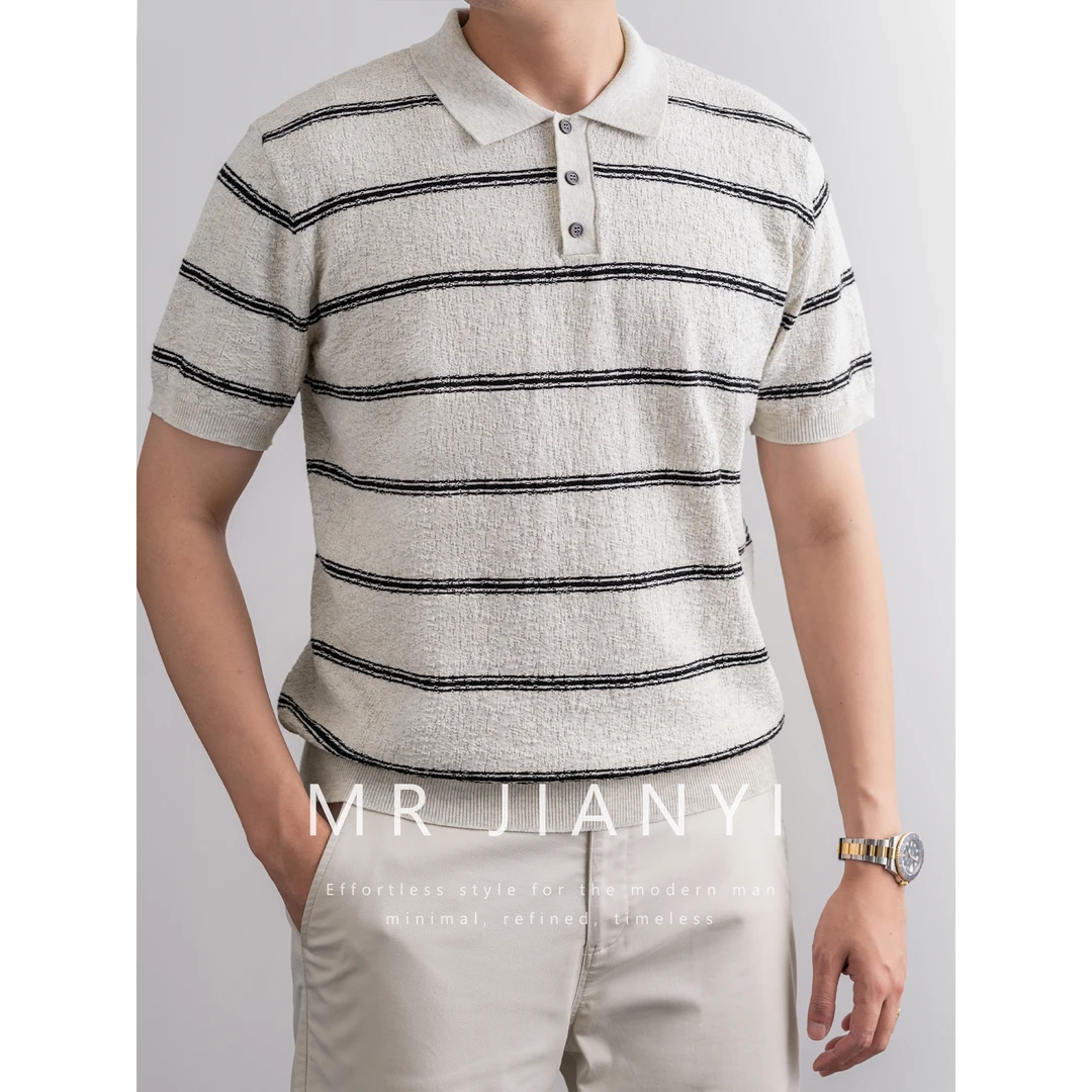MR JIANYI春夏老钱复古提花肌理条纹翻领针织短袖休闲polo衫T恤男