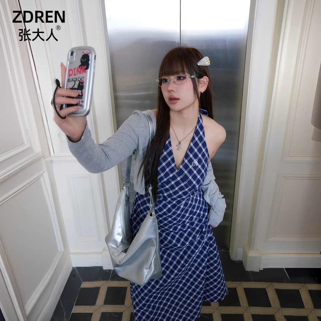 【古早韩妹】大码女装微胖妹妹韩系连衣裙开衫气质格纹挂脖裙子