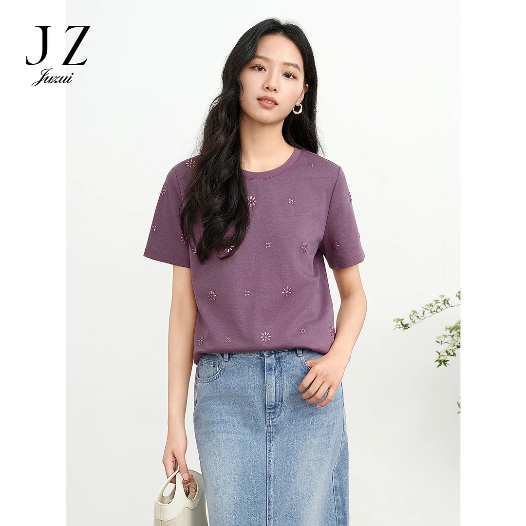 JUZUI玖姿JTFX83205休闲太阳花烫钻莱赛尔短袖T恤2025夏季新款