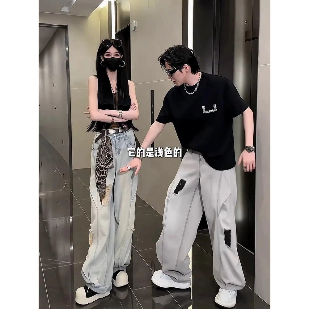 美式复古黄泥水洗破洞牛仔裤男夏薄款潮牌痞帅炸街裤子休闲弯刀裤