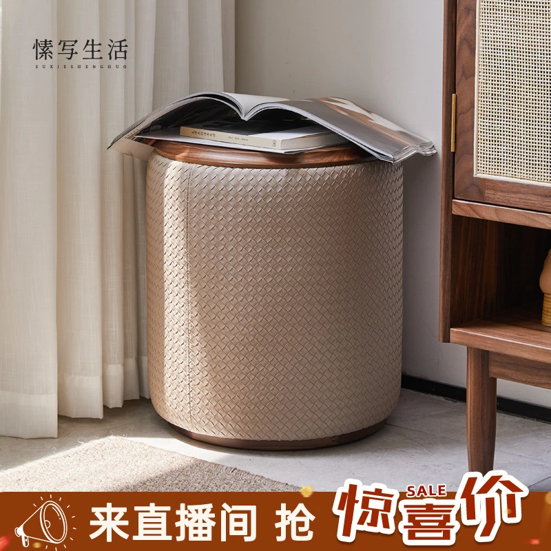 黑胡桃木落地圆凳梳妆凳轻奢皮凳坐墩软包矮凳家用化妆凳