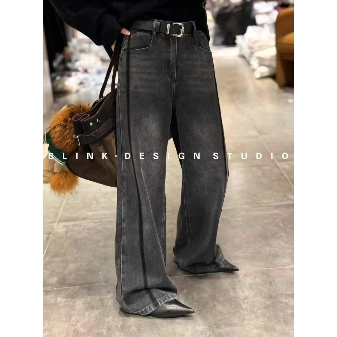 KIKI严选：7709-JG家欧货南油冬季新款复古做旧条纹高腰牛仔裤