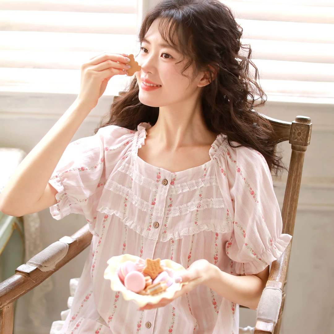 『海盐』富朵甜美碎花女夏天短袖睡裙纯棉纱布可外穿家居服宽松睡衣