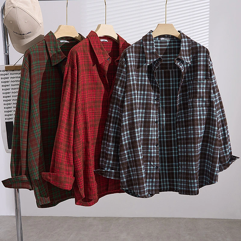 S5671春秋胖MM大码女装宽松显瘦磨毛格子衬衫加肥240斤长袖上衣女