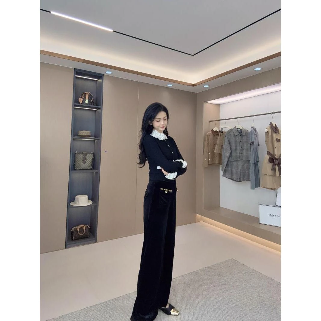 Ada JoJo冬季系列女士休闲松紧自然腰小香风丝绒直筒长裤DY8900