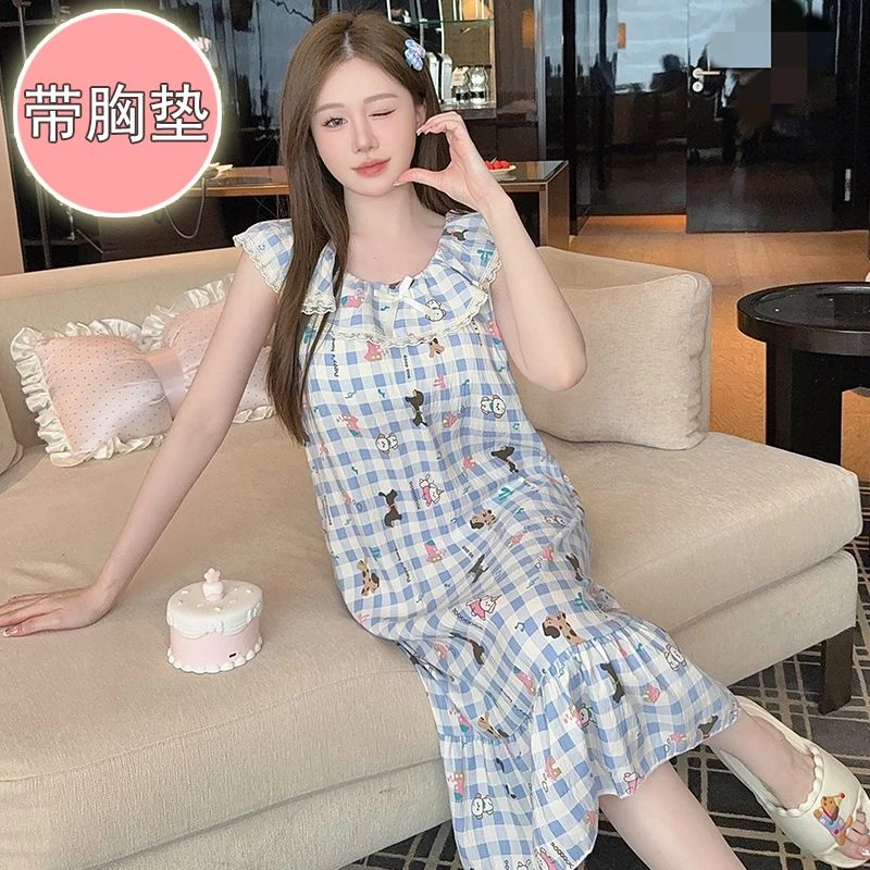 云朵棉睡衣女夏季甜美公主风带胸垫吊带睡裙大码200斤家居服格子
