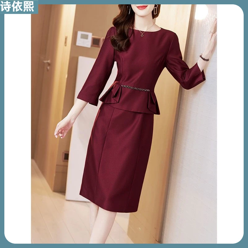 l红宴会礼服连衣裙2025春季新款女喜庆婆婆收腰五分袖包臀中长款I