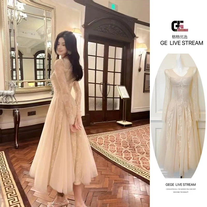 【茶色山野】法式复古长袖蕾丝重工定制连衣裙高级感千金气质长裙