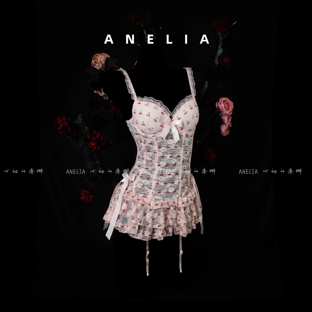 ANELIA 慕斯樱桃法式吊带胸垫睡裙蕾丝碎花性感甜美公主印花