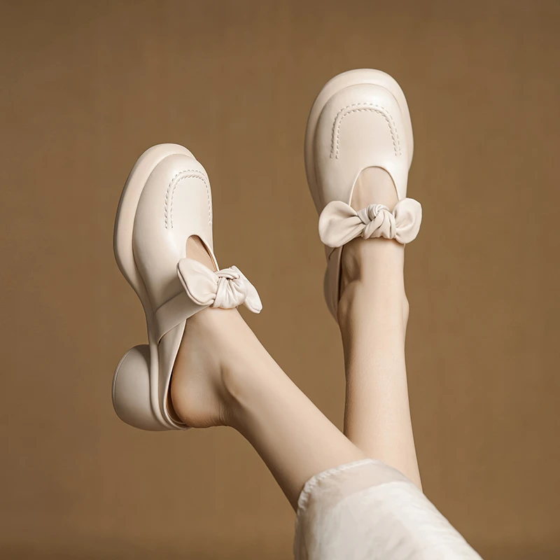 牛皮/6cm/百搭夏季外穿包头拖鞋圆头中跟增高跟厚底粗跟拖鞋女