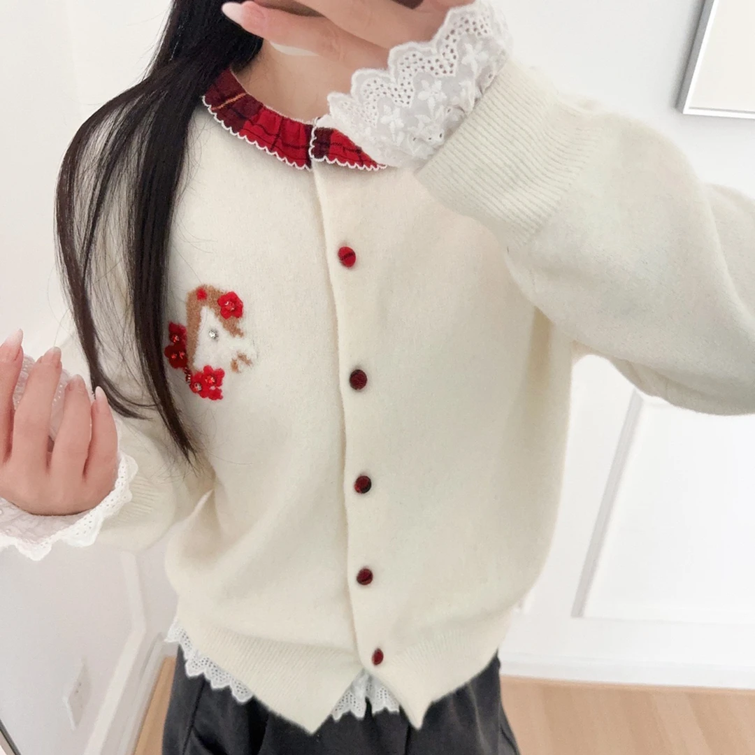 绵羊毛羊驼毛新品碎褶荷叶边领口小马提花彩扣针织衫长袖毛衣外套