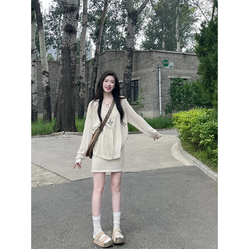 慵懒风套装夏季新款休闲百搭时尚宽松显瘦长袖上衣高腰显瘦半身裙