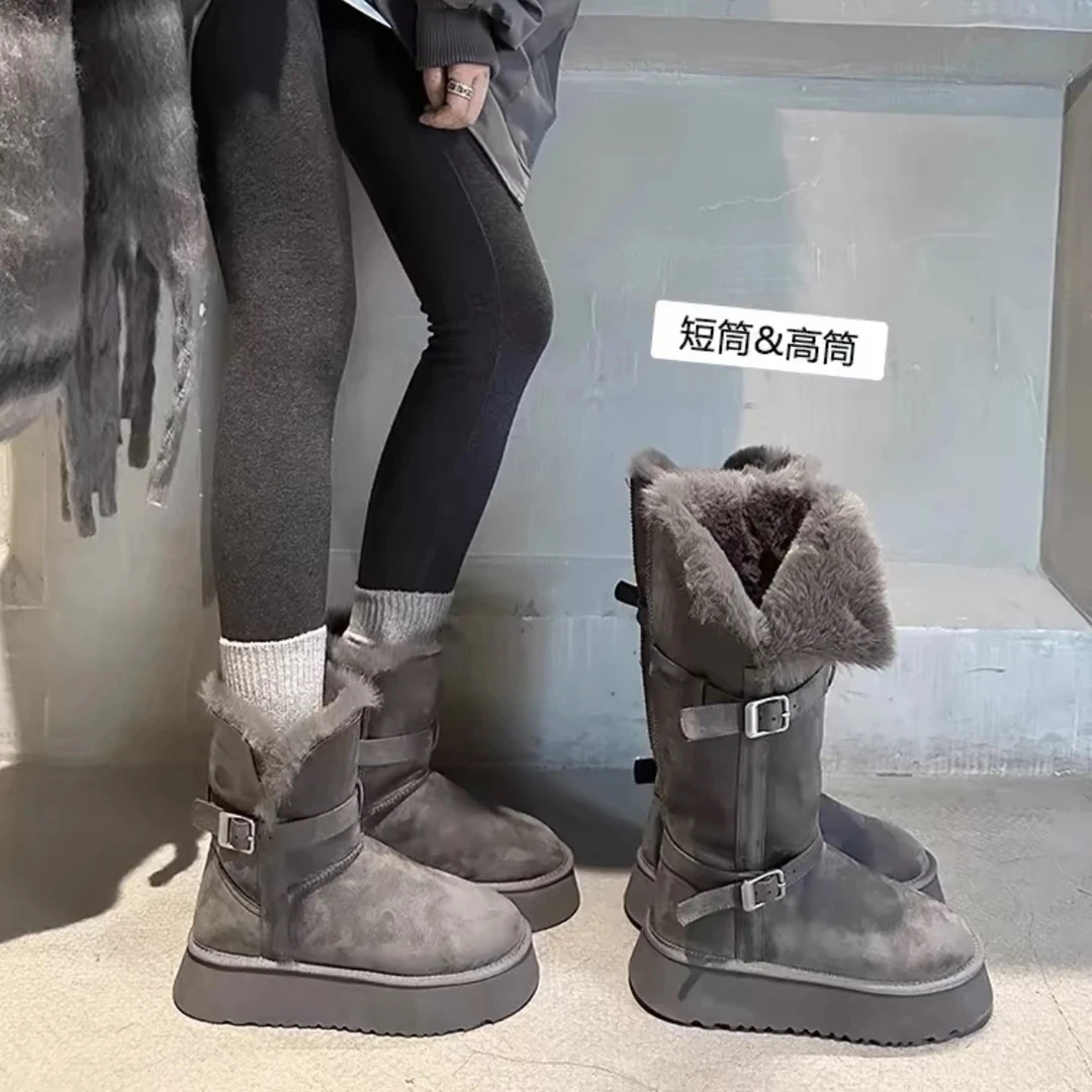 灰色雪地靴女2024冬季新款厚底增高加绒加厚长筒棉鞋