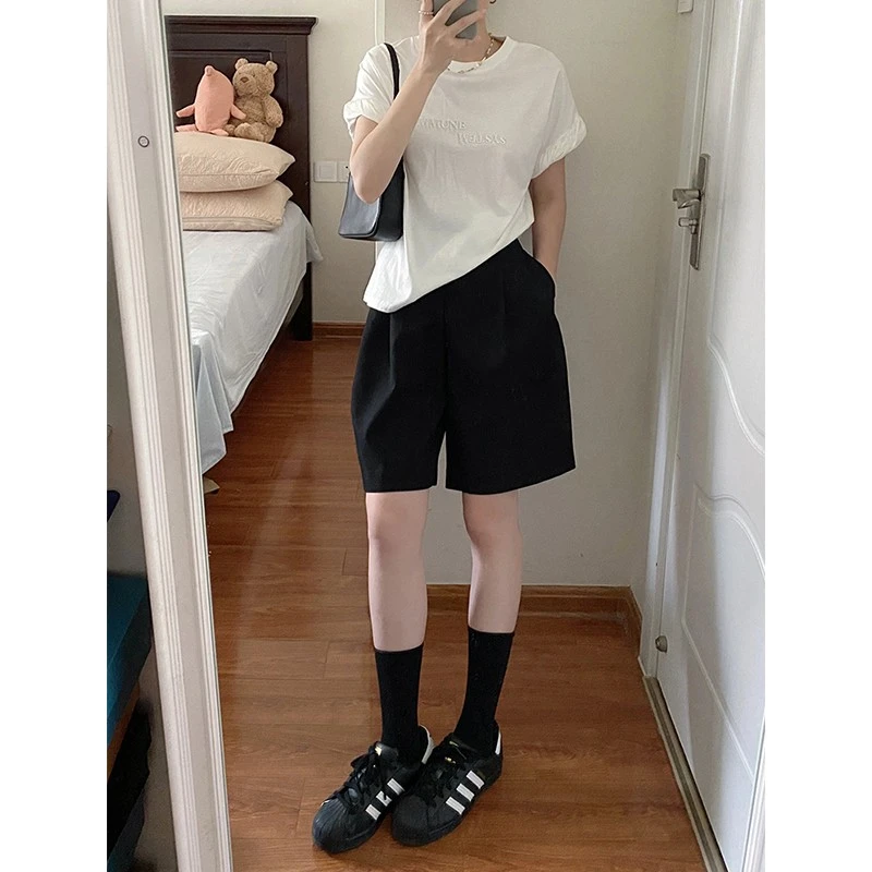 梨形身材五分西装短裤女夏季大码胖mm高腰显瘦宽松阔腿a字休闲裤