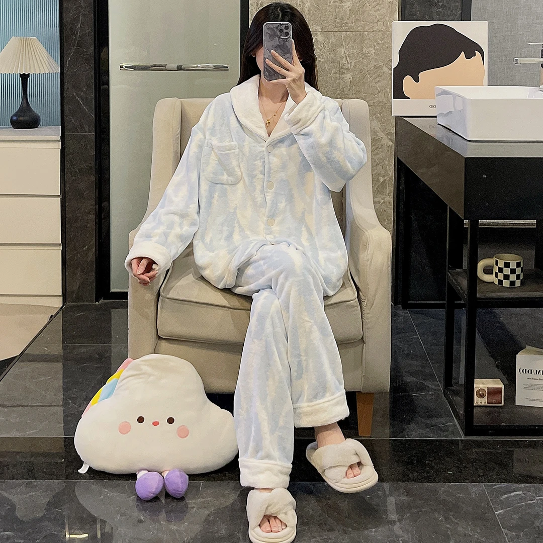 珊瑚绒睡衣女秋冬季大码加厚2025新款法兰绒蓝扎染套装外穿家居服