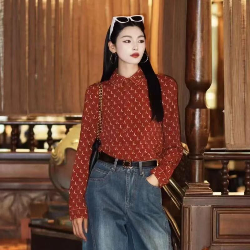 哥弟 衬衫女2025新款爆款洋气内搭红色印花复古高贵衬衣130073