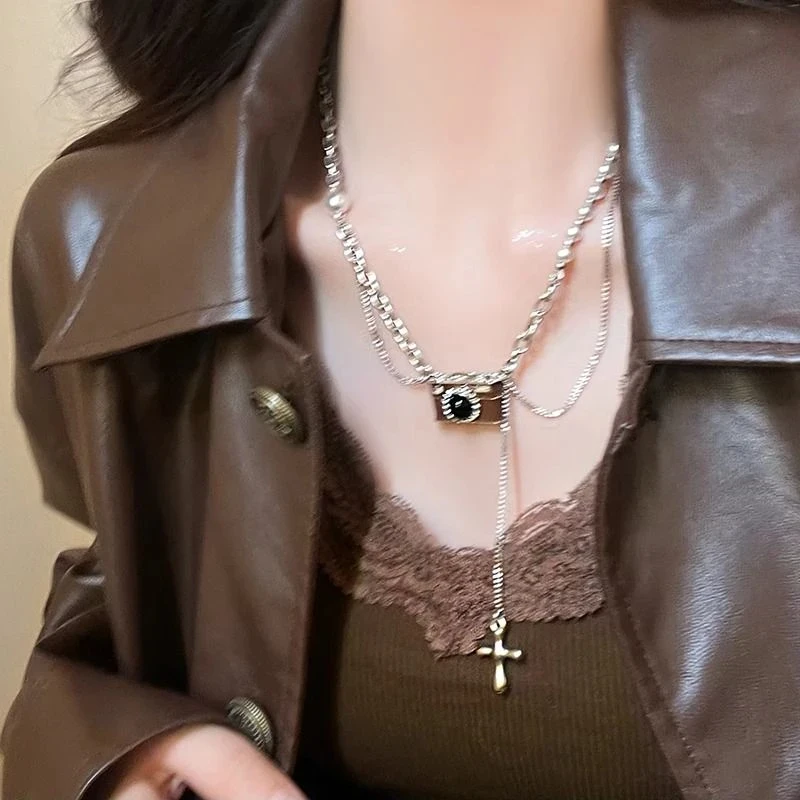 钛钢项链 秋冬复古相机轻奢项链女甜酷辣妹风卫衣链设计叠戴配饰