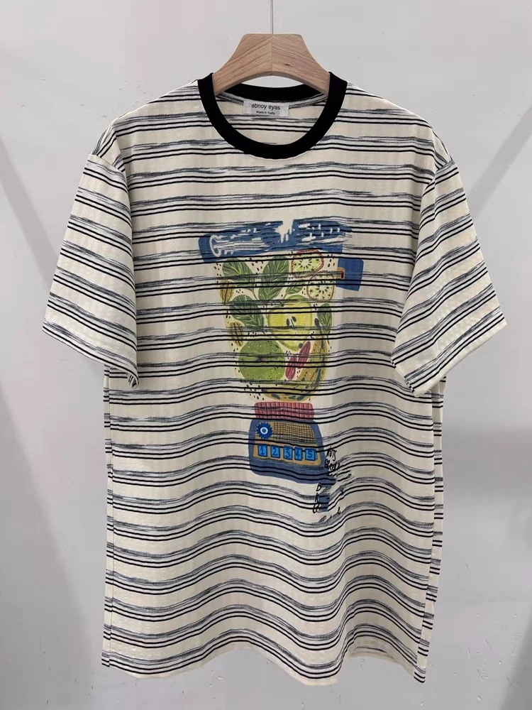 【济州岛】卡通苹果印花字母刺绣设计条纹短袖