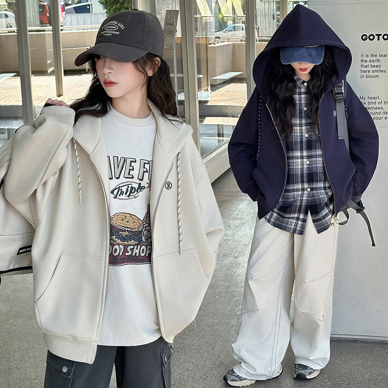女童春秋款百搭薄款口袋秋季连帽女落肩袖短外套度假风小女孩外套