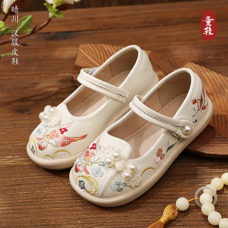 汉服鞋女童绣花鞋古风刺绣民族风国风古装软底防水儿童公主小皮鞋