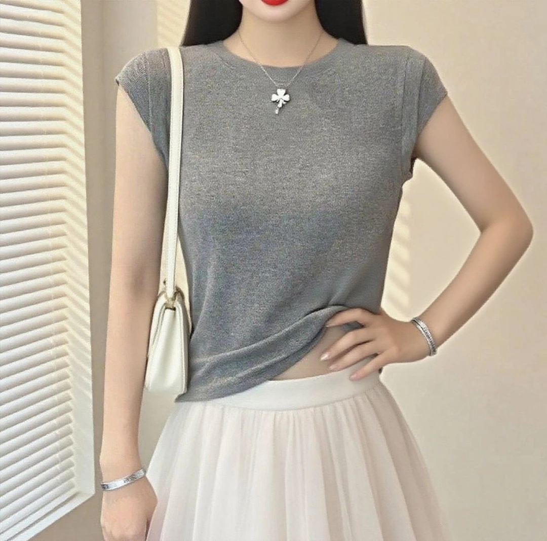 螺纹圆领飞飞袖T恤女夏季修身打底衫百搭显瘦短袖上衣百搭