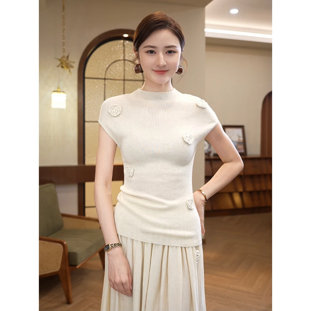 2026秋季新款【8058】含绵羊毛立体花朵显瘦米白色圆领上衣针织衫