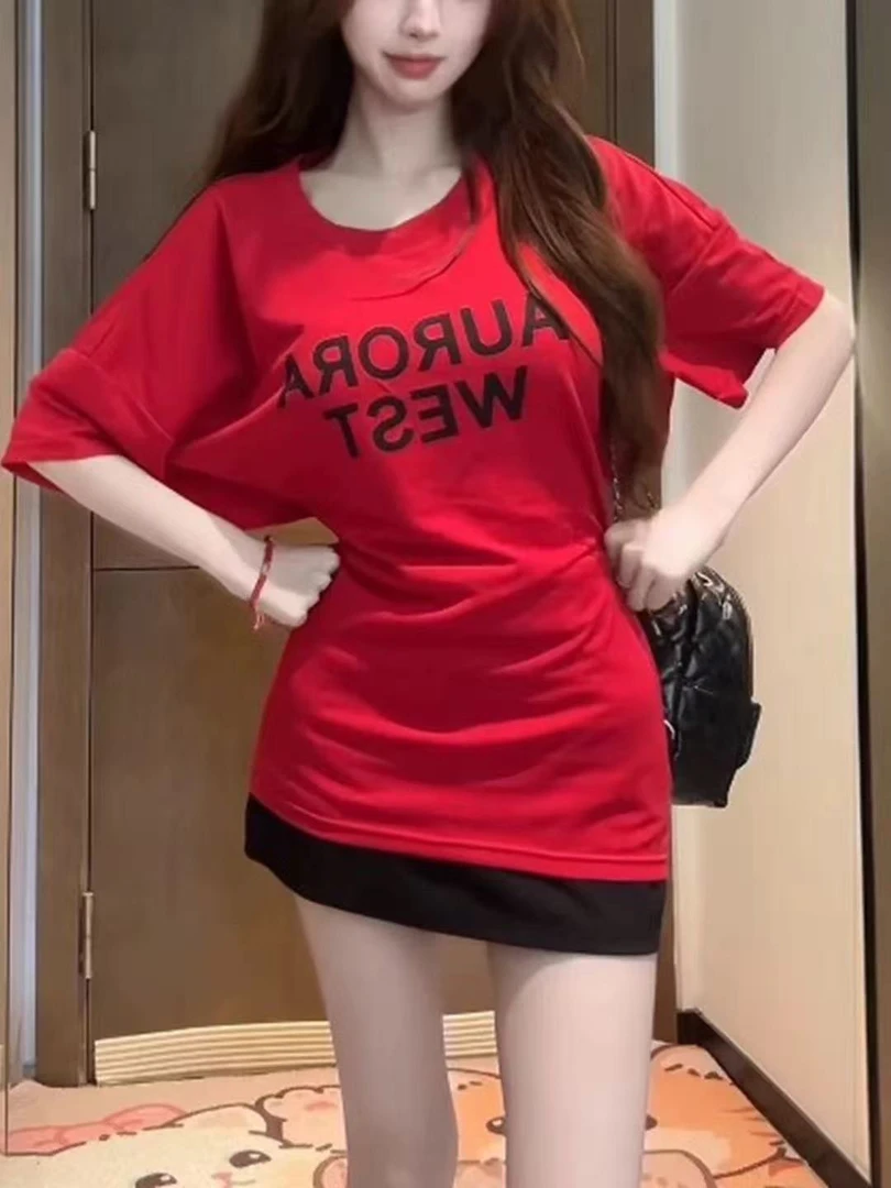 2025夏季新款女圆领辣妹收腰宽松字母拉链露背长印花短袖t恤上衣