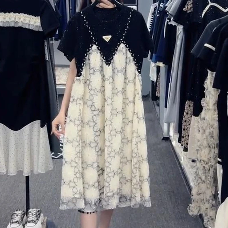 法式拼接假两件短袖连衣裙女2025年新款设计感时尚洋气仙女裙0895