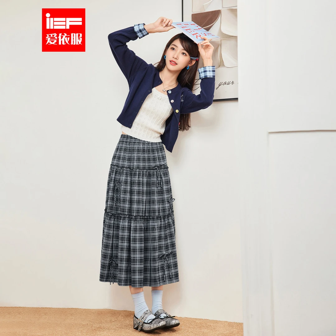 IEF/爱依服半身裙2025夏秋新款法式文艺气质格子显瘦单裙流光风