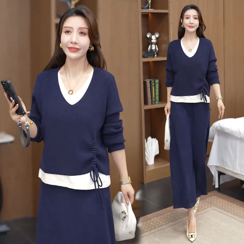 时尚针织套装裙女2025秋季新款洋气抽绳假两件上衣半身裙两件套裙